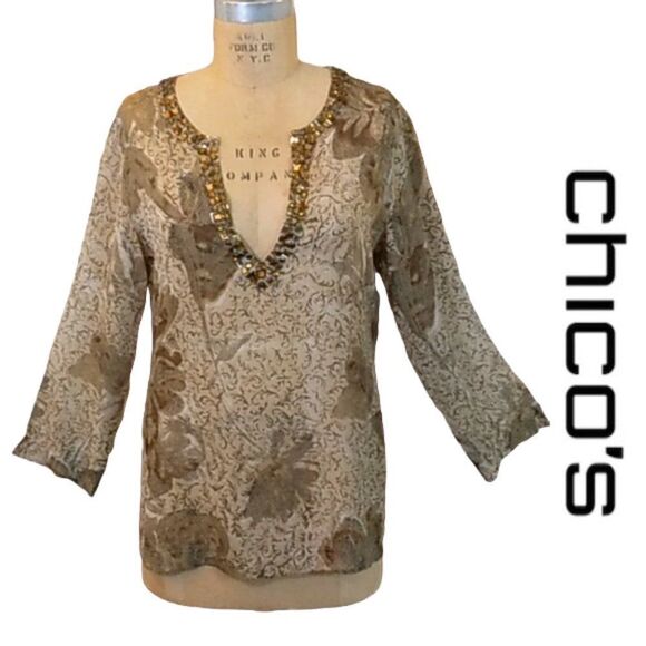Chico's Tunic Top Size 1 (8) Gold Glam Kanya 100% Silk - Picture 1 of 13
